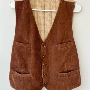 Vintage Corduroy Vest Brown w/ Plaid Backing 4 Pockets Adjustable Back Men’s M